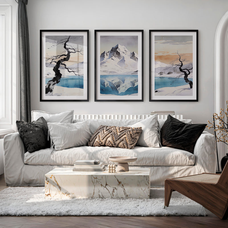 Snowy Mountain Lake in Japandi Home Decor - Black Framed Poster with White Border - Artworksets