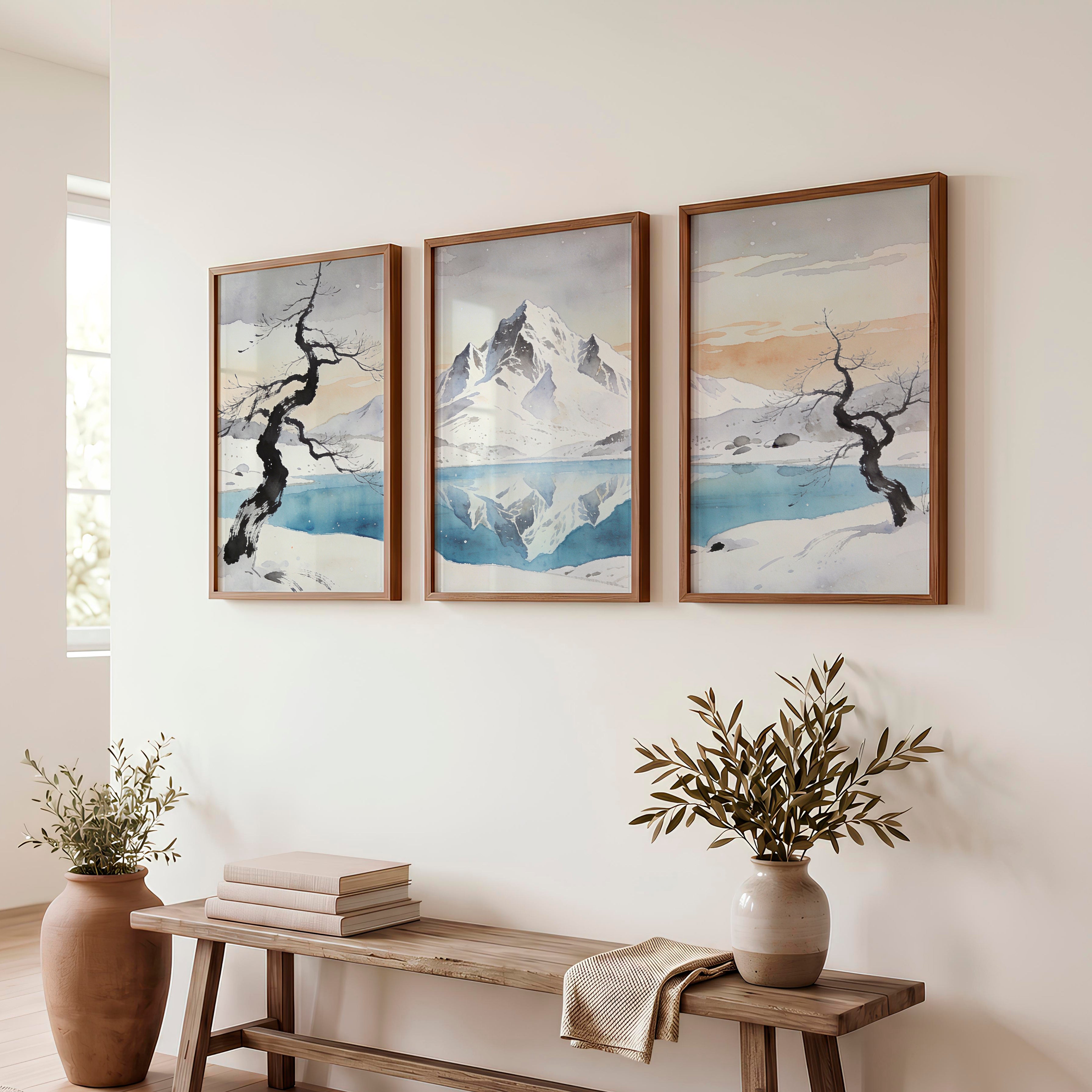 Snowy Mountain Lake in Japandi Home Decor - Dark Brown Framed Poster No Border - Artworksets