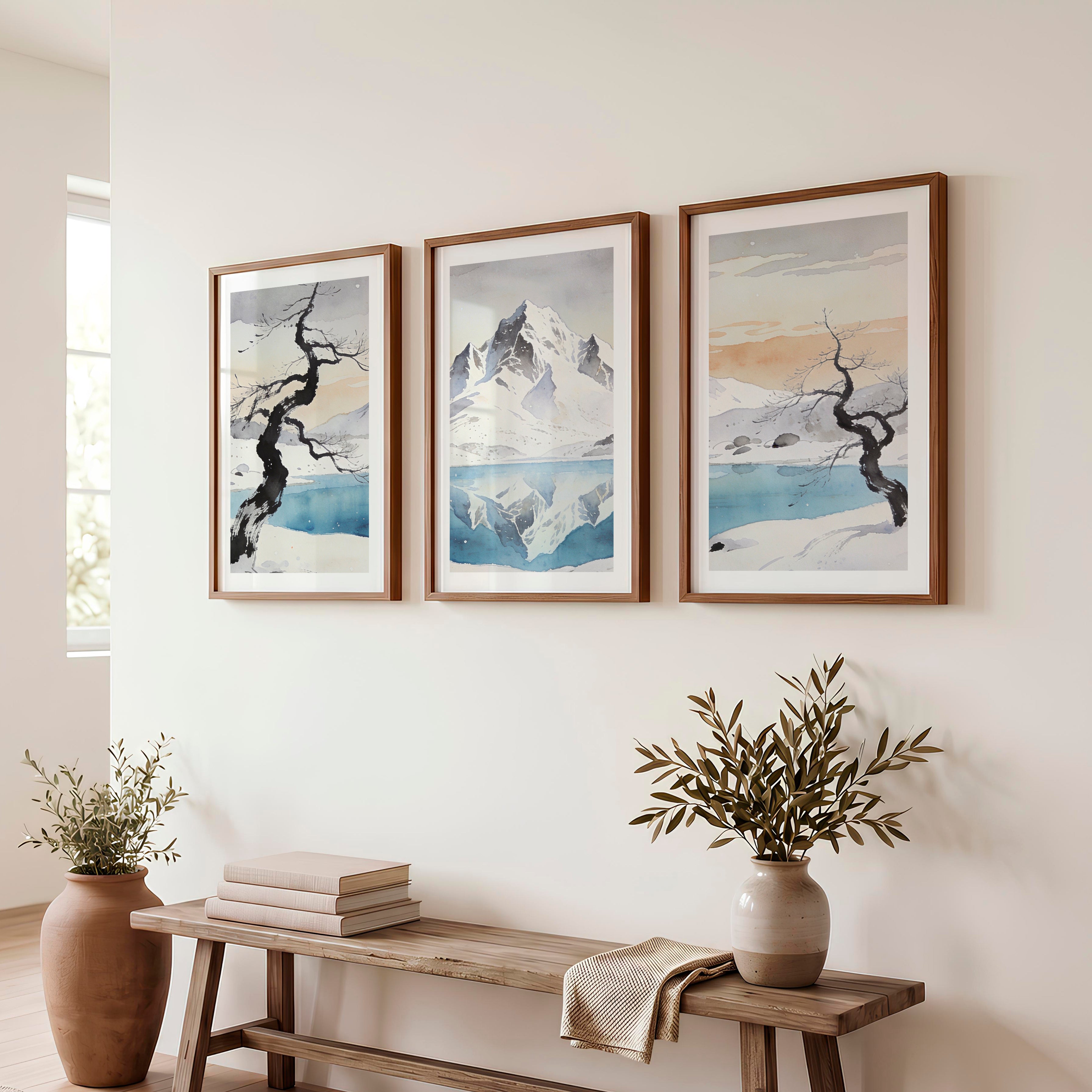 Snowy Mountain Lake in Japandi Home Decor - Dark Brown Framed Poster with White Border - Artworksets