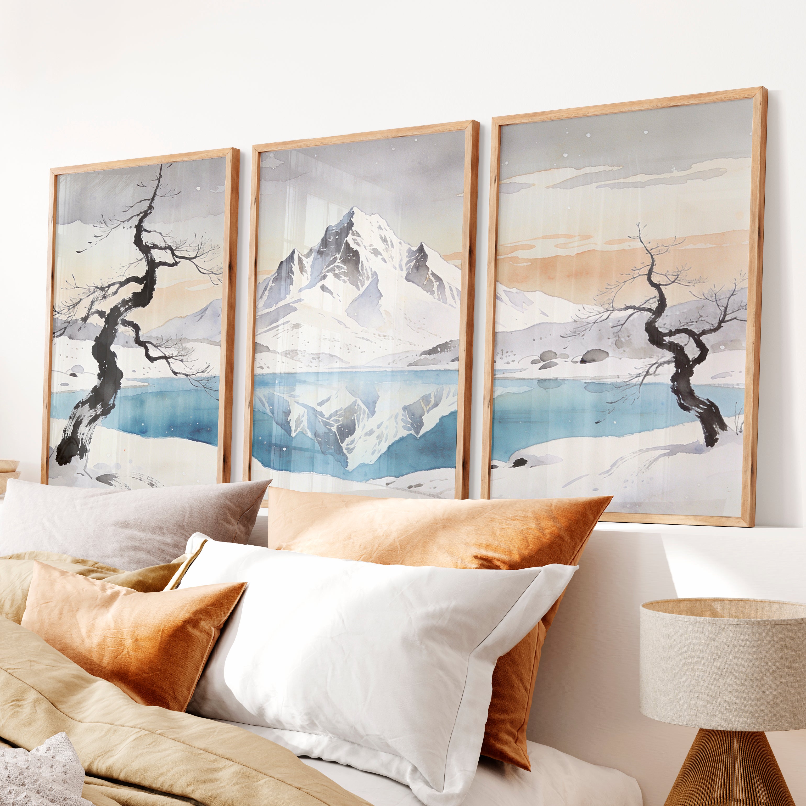 Snowy Mountain Lake in Japandi Home Decor - Natural Wood Framed Poster No Border - Artworksets