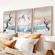 Snowy Mountain Lake in Japandi Home Decor - Natural Wood Framed Poster No Border - Artworksets