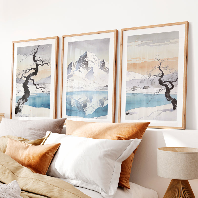 Snowy Mountain Lake in Japandi Home Decor- Natural Wood Framed Poster with White Border - Artworksets