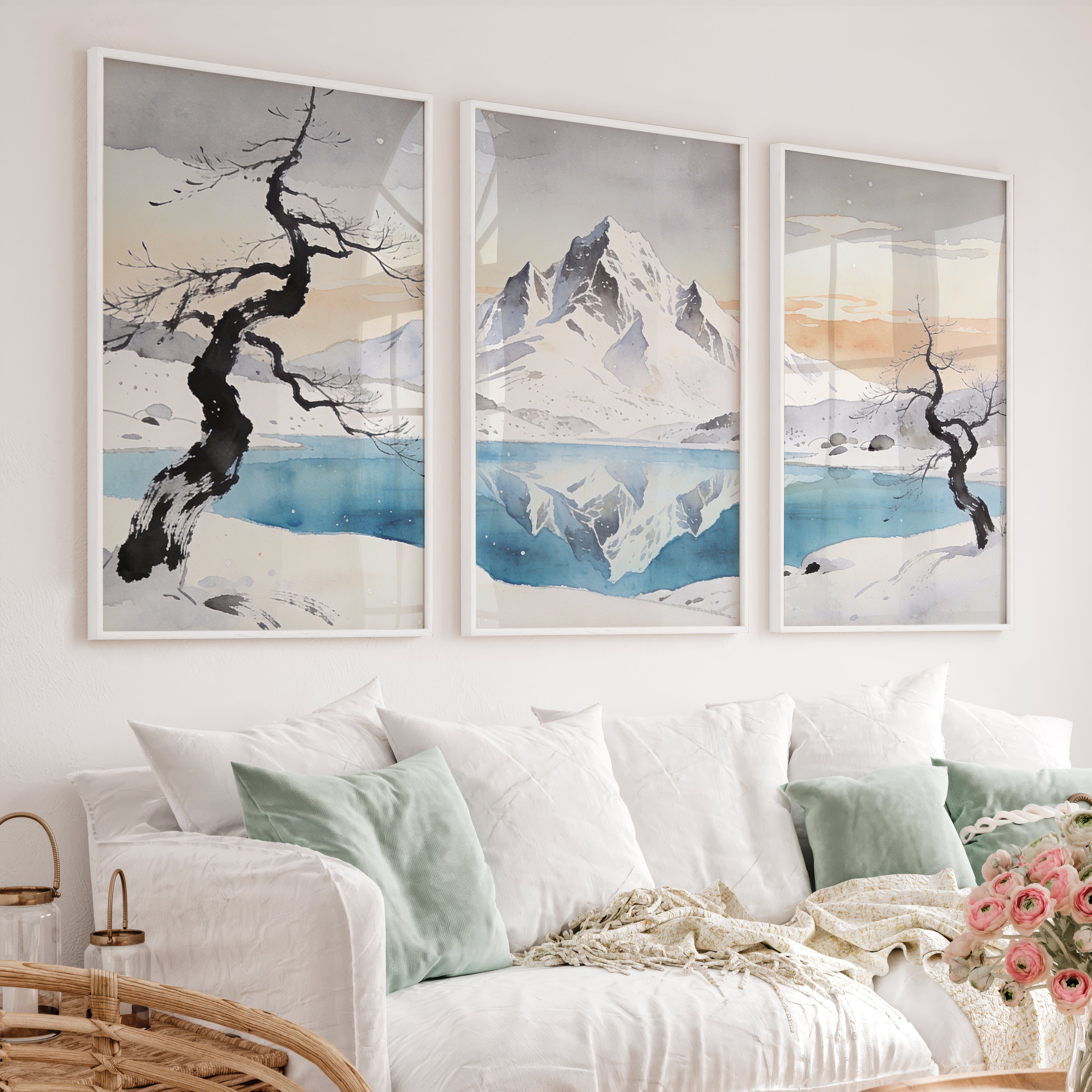 Snowy Mountain Lake in Japandi Home Decor - White Framed Poster No Border - Artworksets
