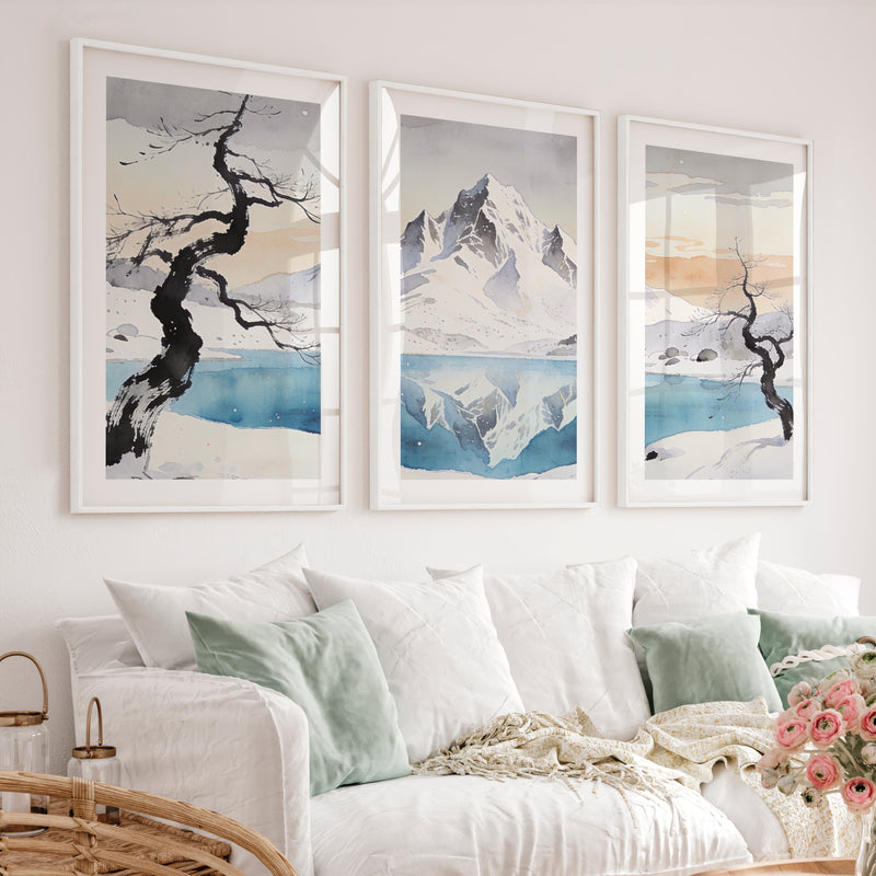 Snowy Mountain Lake in Japandi Home Decor - White Framed Poster with White Border - Artworksets