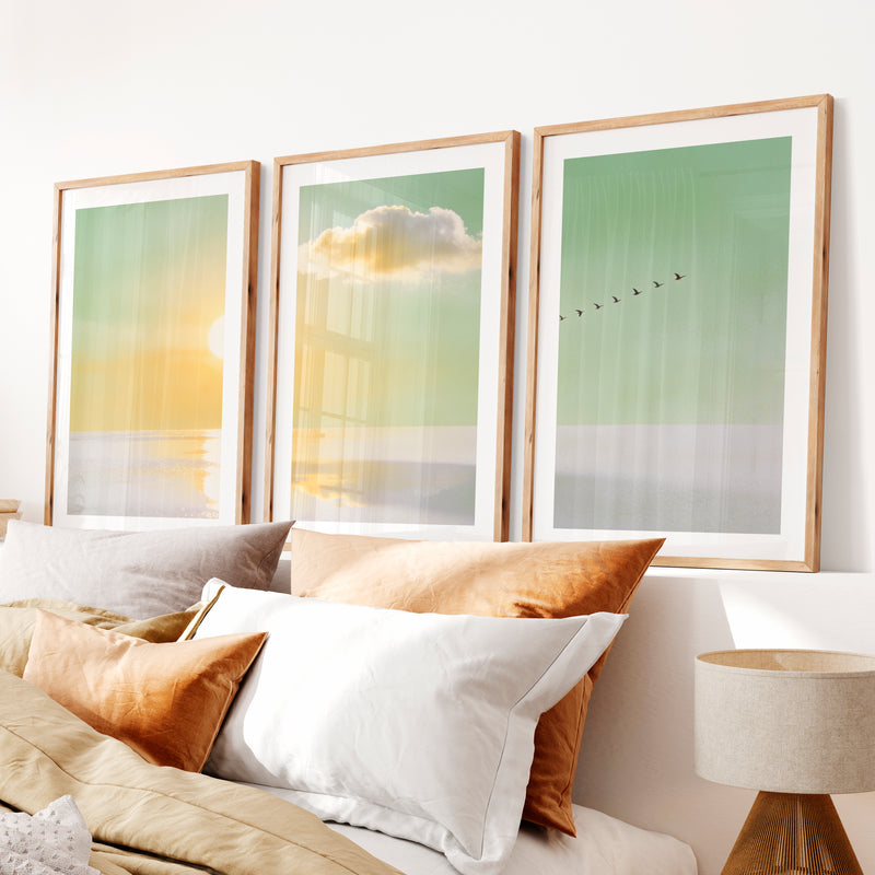 Golden Horizon for japandi home decor- Natural Wood Framed Poster with White Border - Artworksets