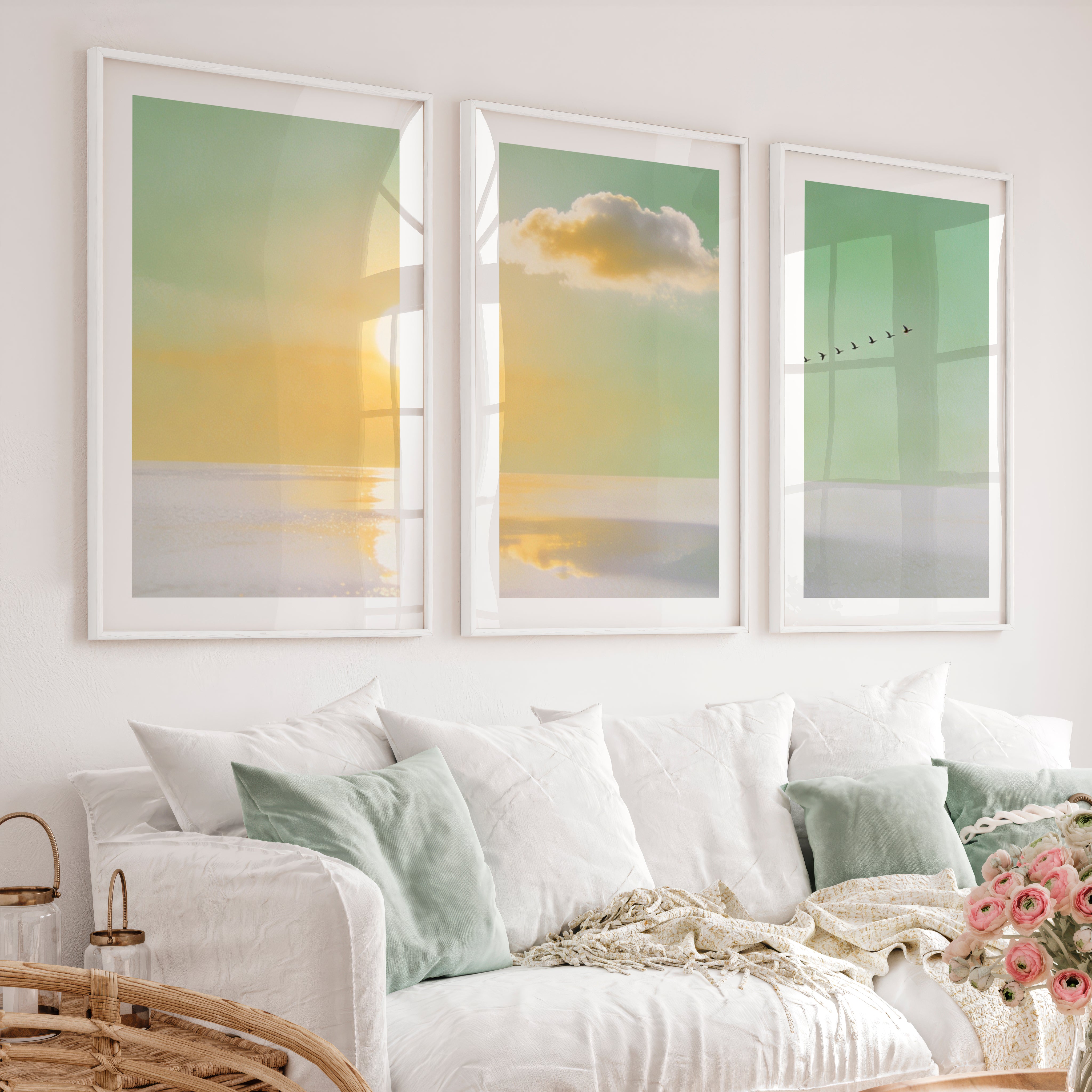 Golden Horizon for japandi home decor - White Framed Poster with White Border - Artworksets