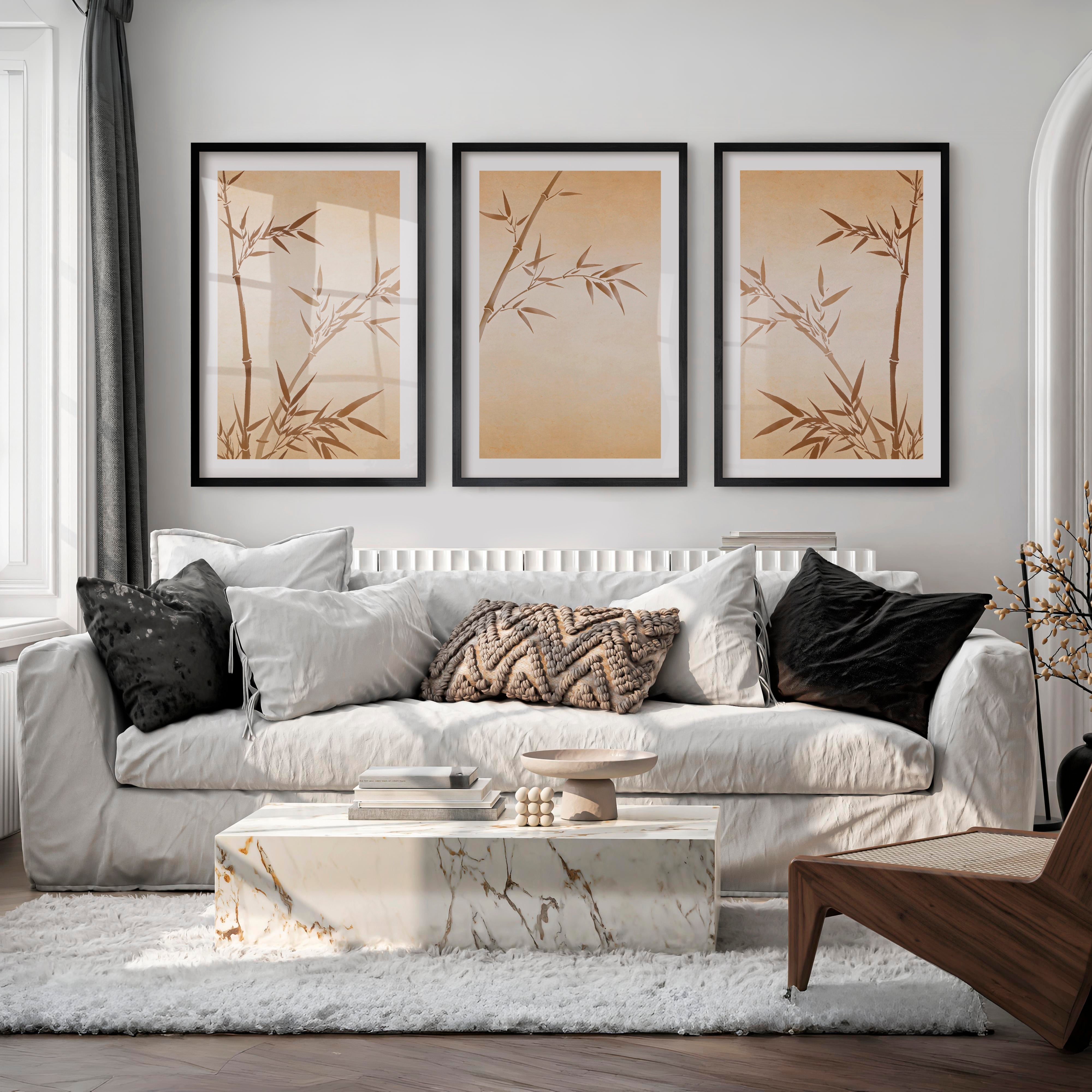 Sepia Bamboo japandi home style Wall Art - Black Framed Poster with White Border - Artworksets
