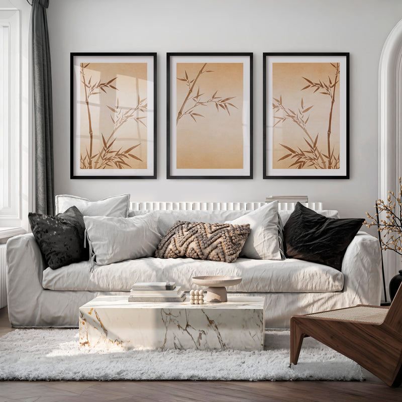 Sepia Bamboo japandi home style Wall Art - Black Framed Poster with White Border - Artworksets