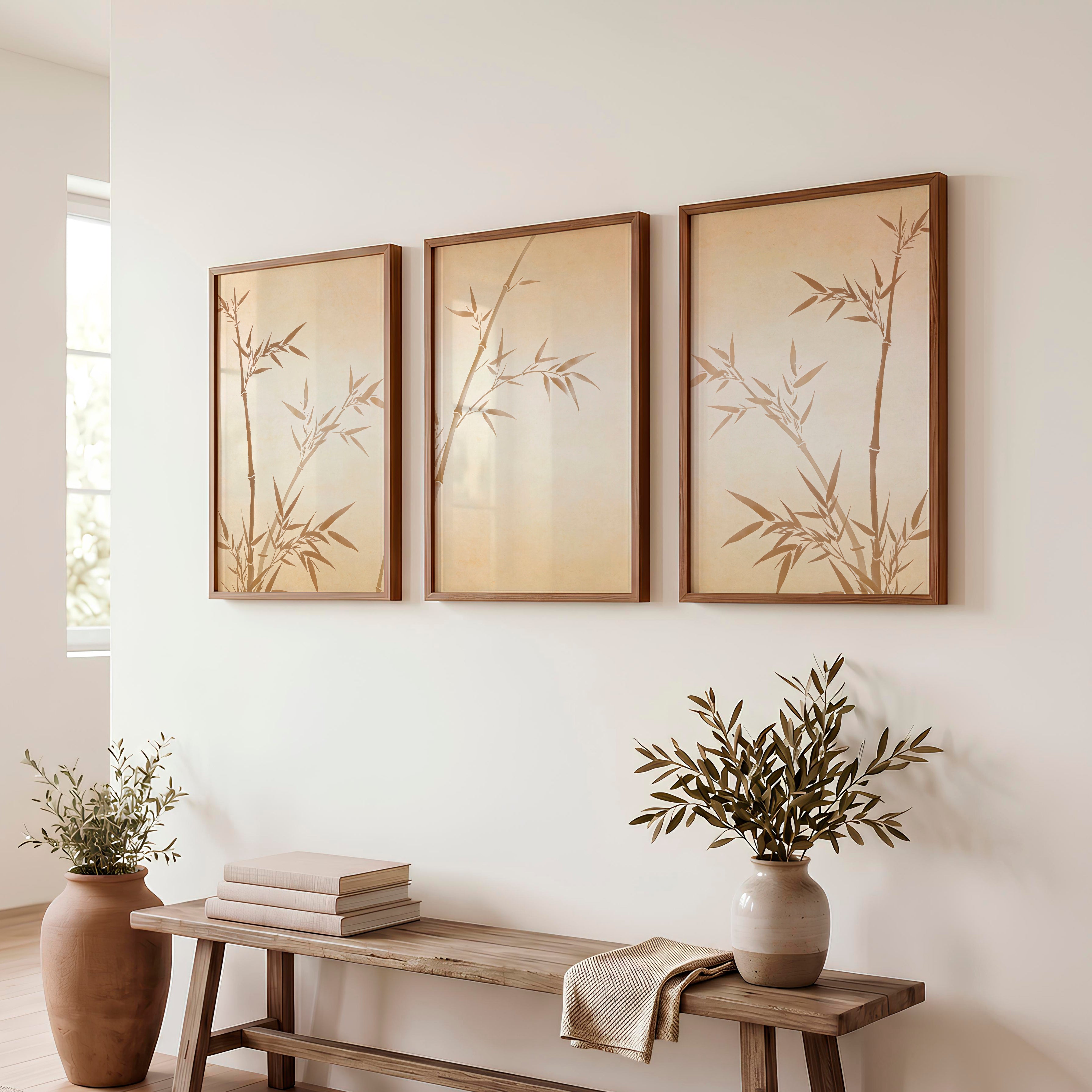 Sepia Bamboo japandi home style Wall Art - Dark Brown Framed Poster No Border - Artworksets