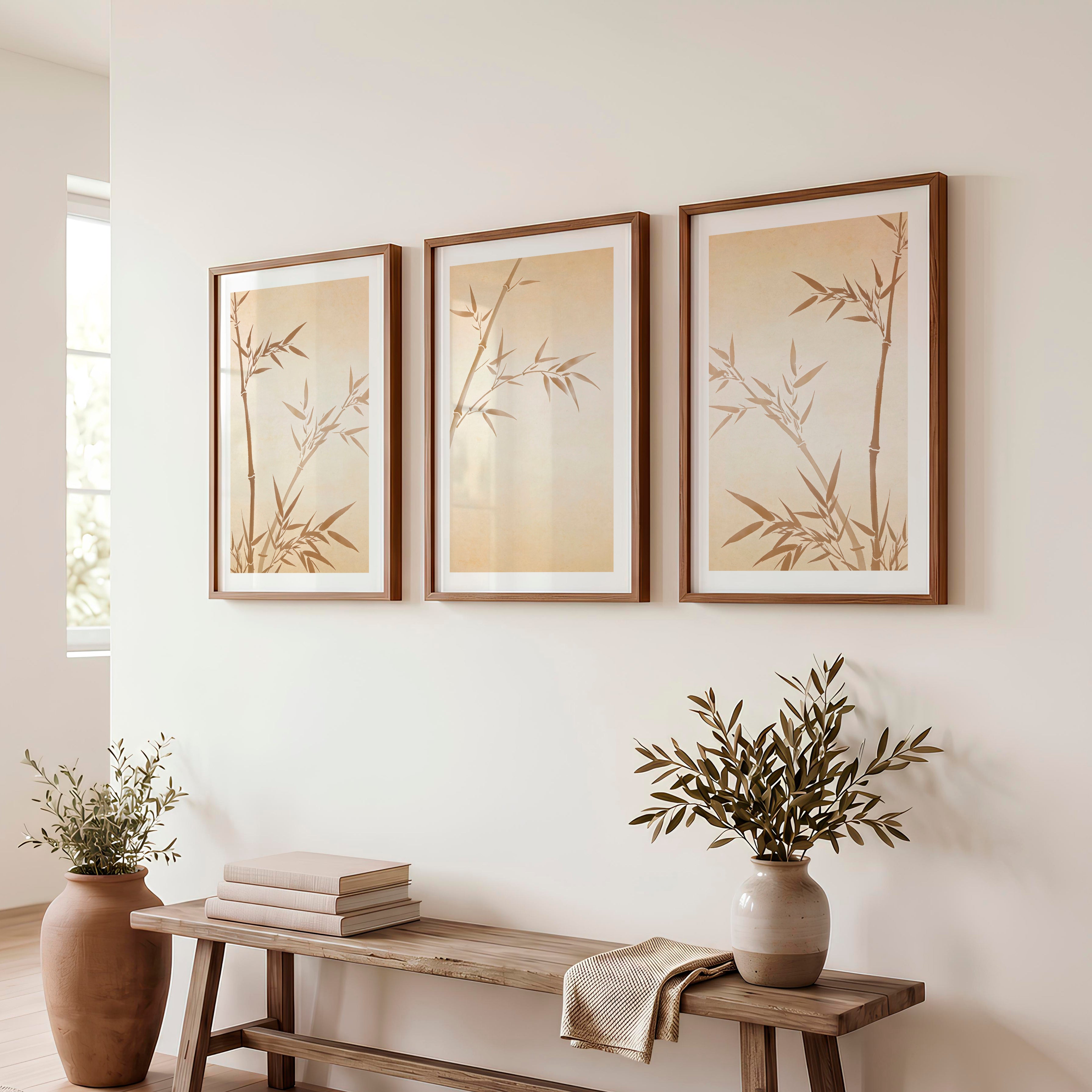 Sepia Bamboo japandi home style Wall Art - Dark Brown Framed Poster with White Border - Artworksets
