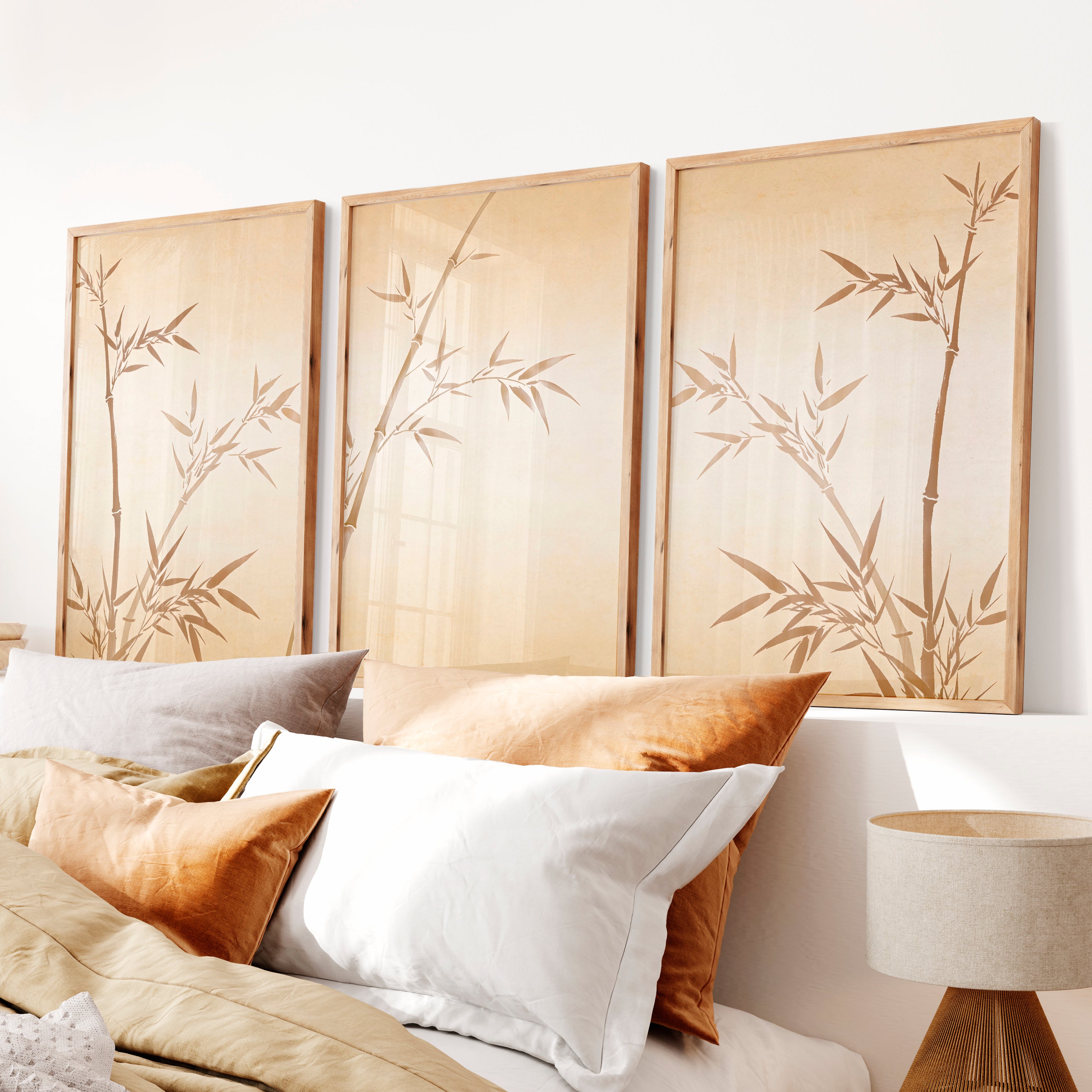 Sepia Bamboo japandi home style Wall Art - Natural Wood Framed Poster No Border - Artworksets
