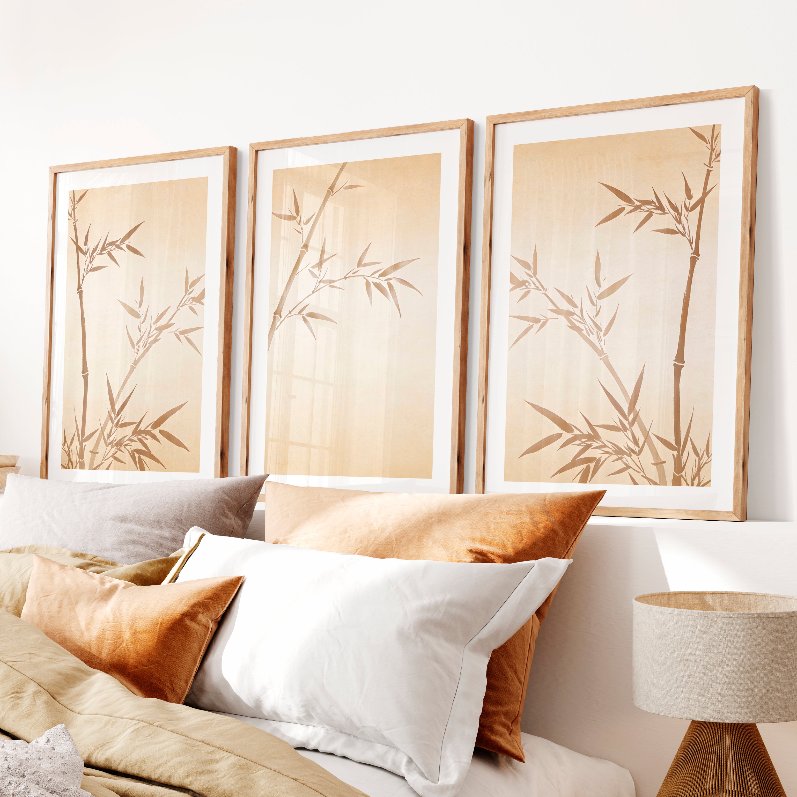 Sepia Bamboo japandi home style Wall Art- Natural Wood Framed Poster with White Border - Artworksets