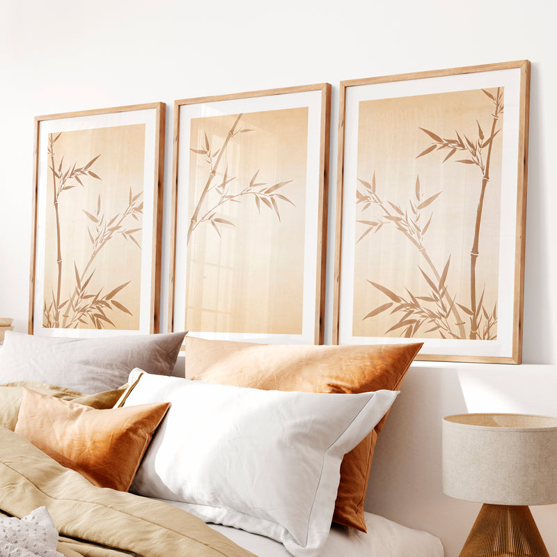 Sepia Bamboo japandi home style Wall Art- Natural Wood Framed Poster with White Border - Artworksets