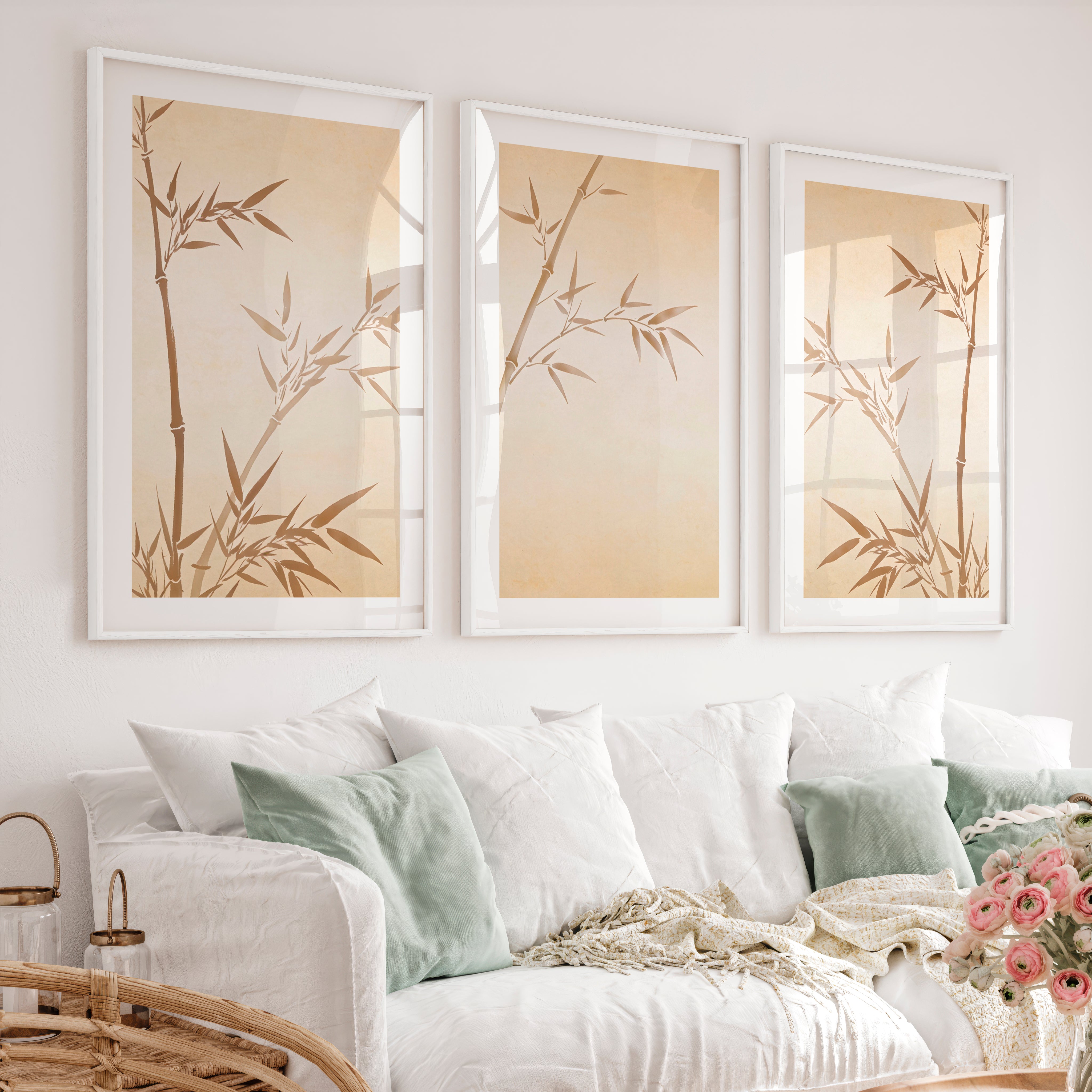 Sepia Bamboo japandi home style Wall Art - White Framed Poster with White Border - Artworksets