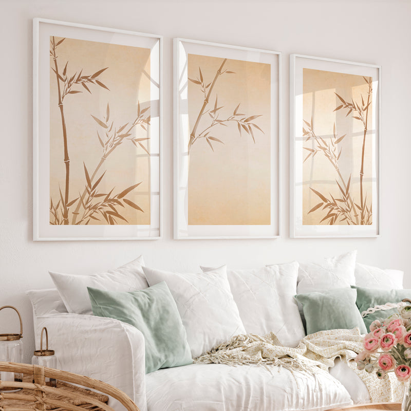 Sepia Bamboo japandi home style Wall Art - White Framed Poster with White Border - Artworksets