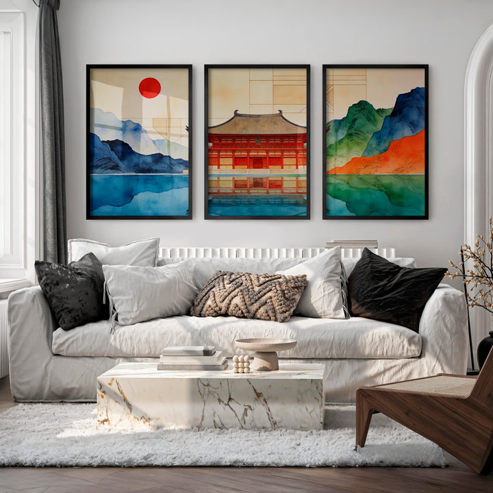 Red Temple Reflection japandi home Print - Black Framed Poster No Border - Artworksets