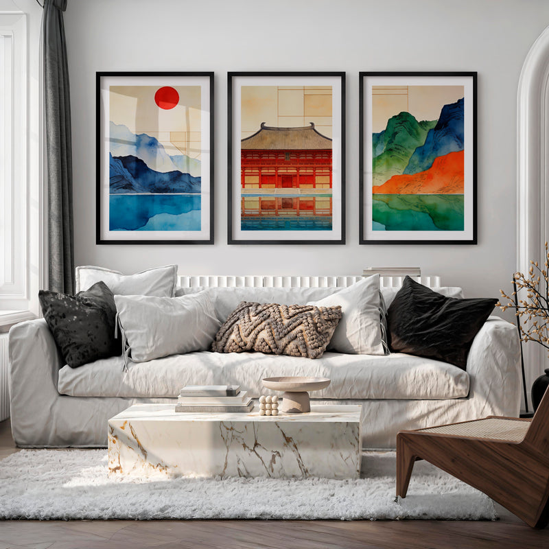 Red Temple Reflection japandi home Print - Black Framed Poster with White Border - Artworksets