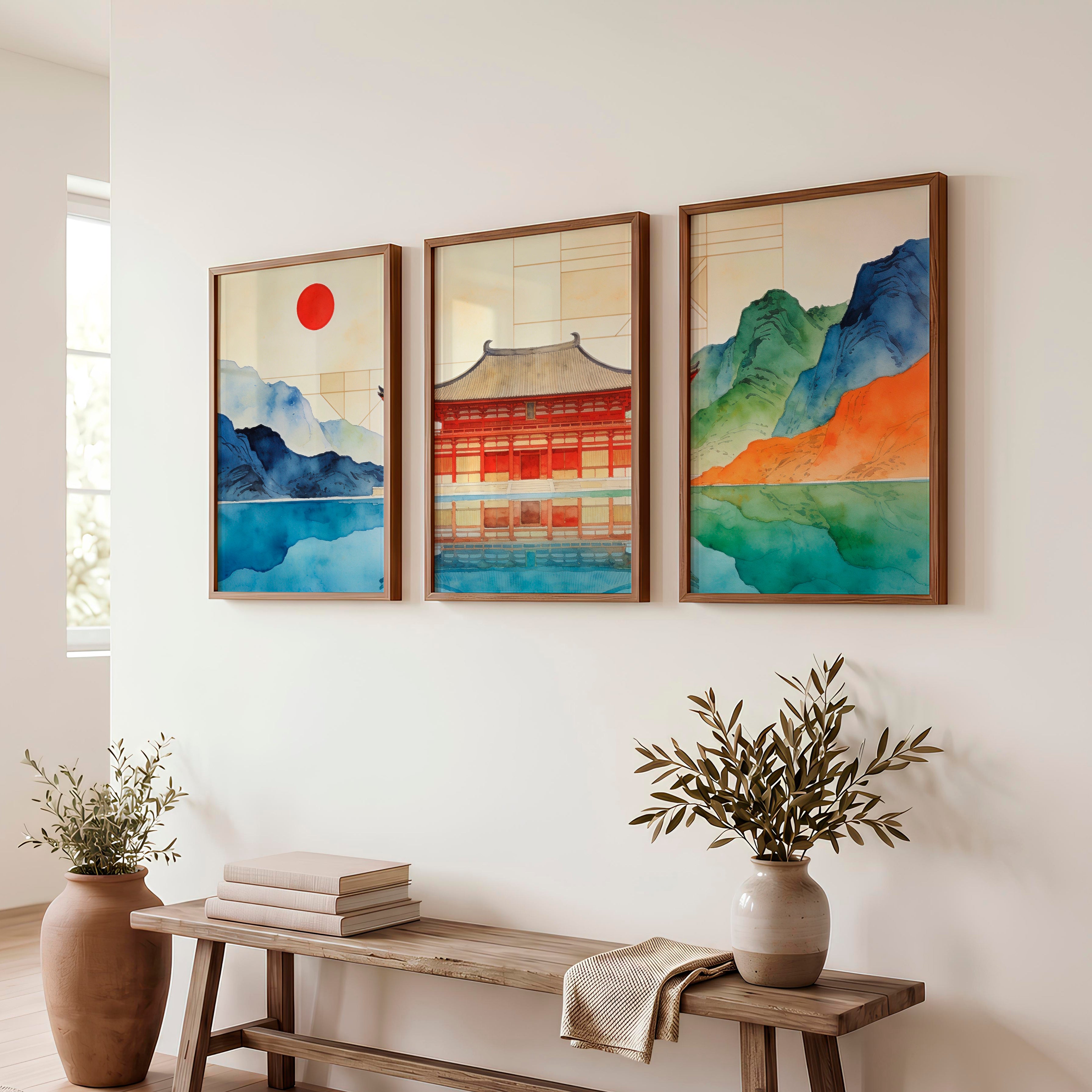 Red Temple Reflection japandi home Print - Dark Brown Framed Poster No Border - Artworksets