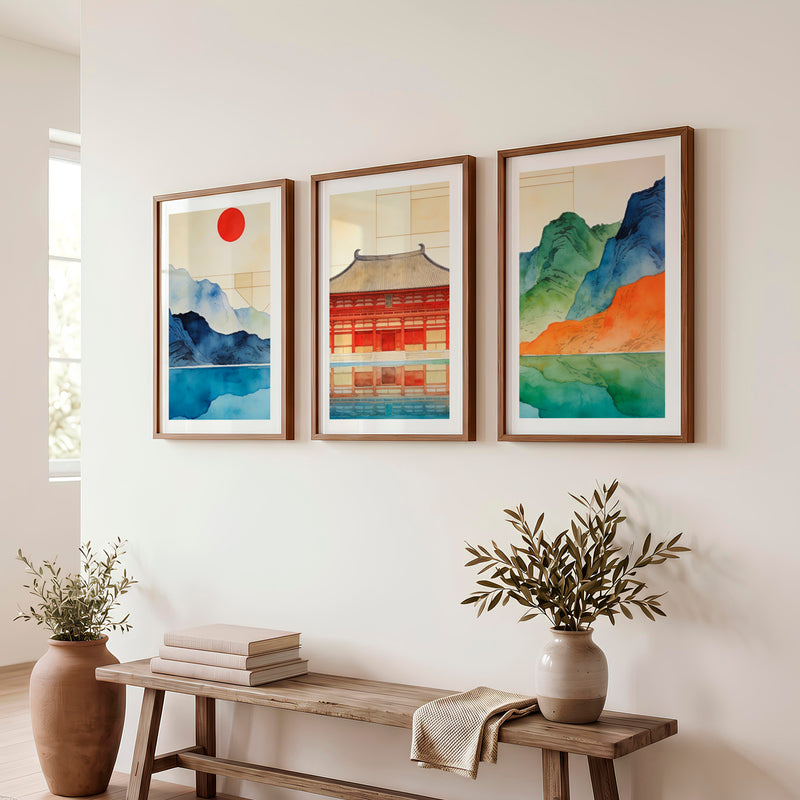 Red Temple Reflection japandi home Print - Dark Brown Framed Poster with White Border - Artworksets