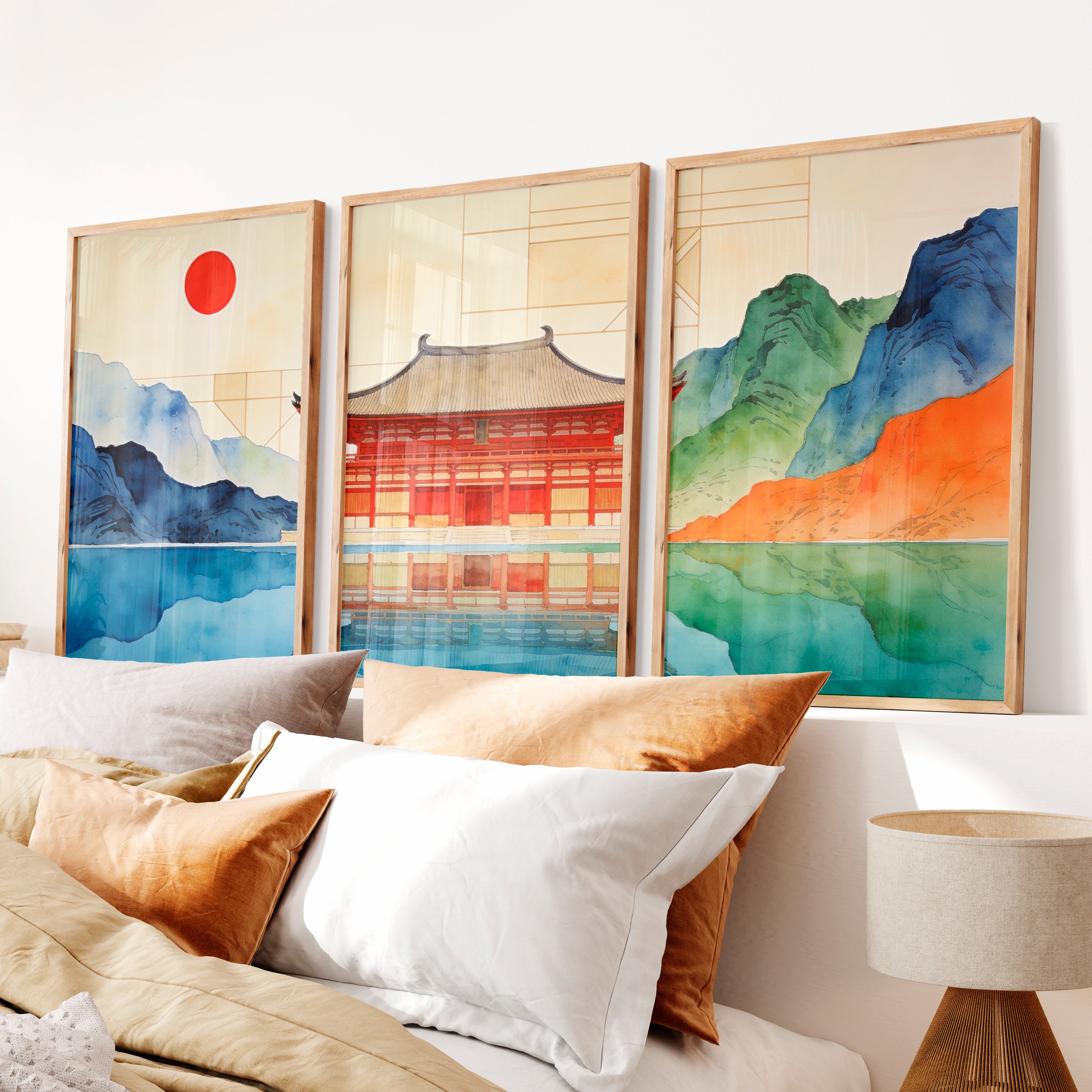 Red Temple Reflection japandi home Print - Natural Wood Framed Poster No Border - Artworksets