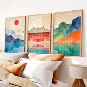 Red Temple Reflection japandi home Print - Natural Wood Framed Poster No Border - Artworksets