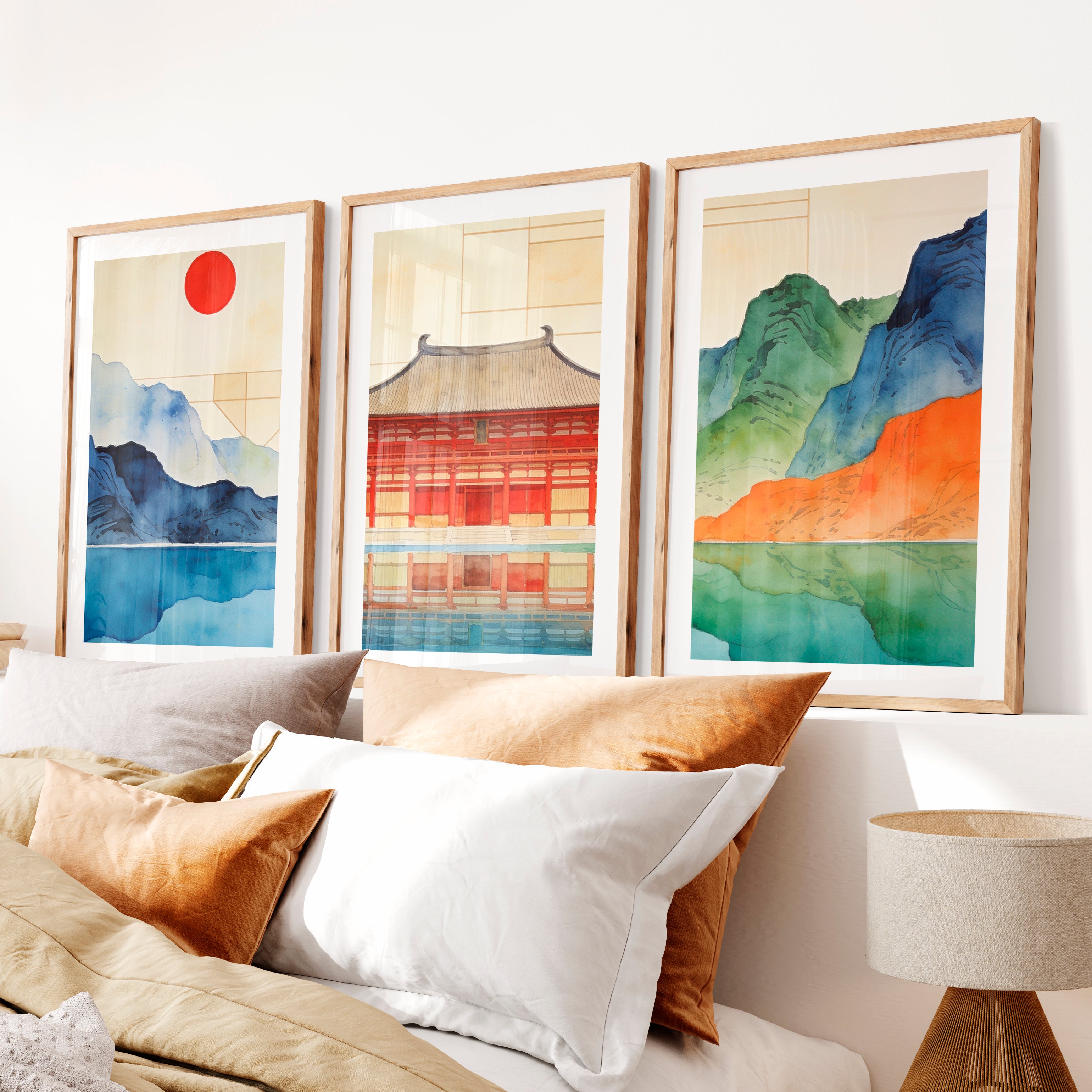 Red Temple Reflection japandi home Print- Natural Wood Framed Poster with White Border - Artworksets
