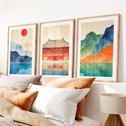 Red Temple Reflection japandi home Print- Natural Wood Framed Poster with White Border - Artworksets