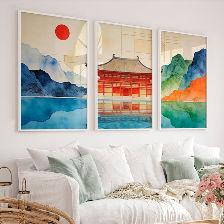 Red Temple Reflection japandi home Print - White Framed Poster No Border - Artworksets
