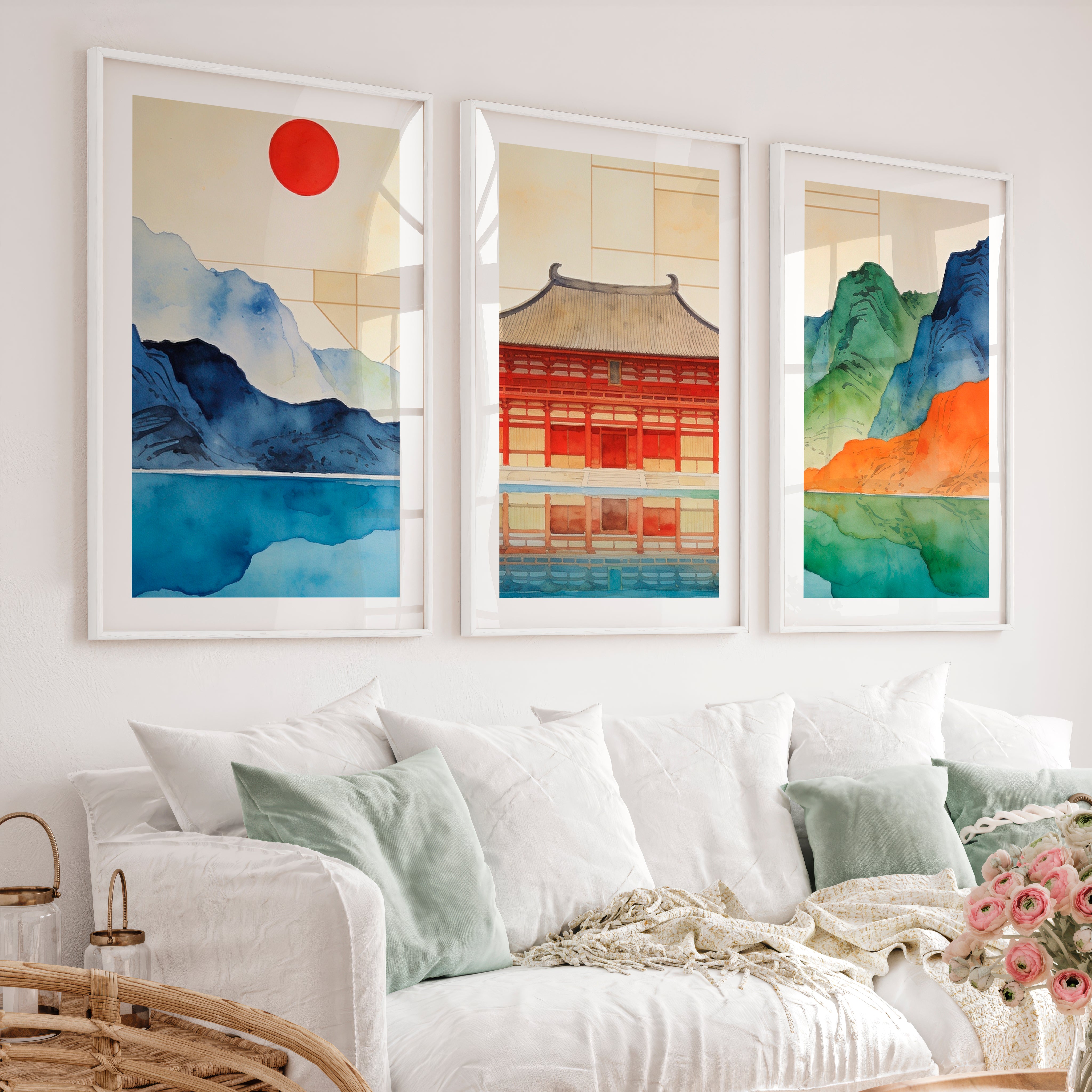 Red Temple Reflection japandi home Print - White Framed Poster with White Border - Artworksets