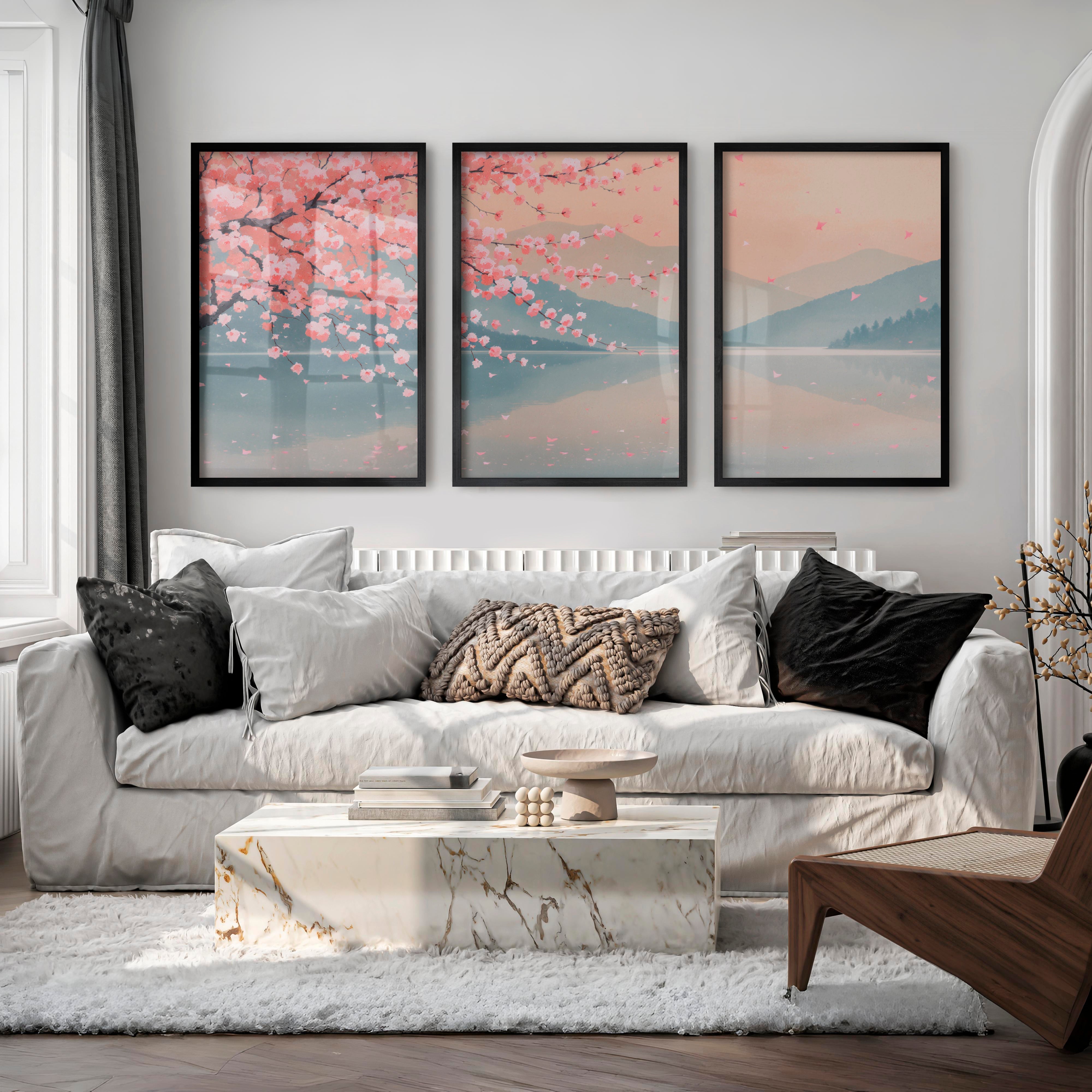 Cherry Blossom Lake japandi inspiration - Black Framed Poster No Border - Artworksets