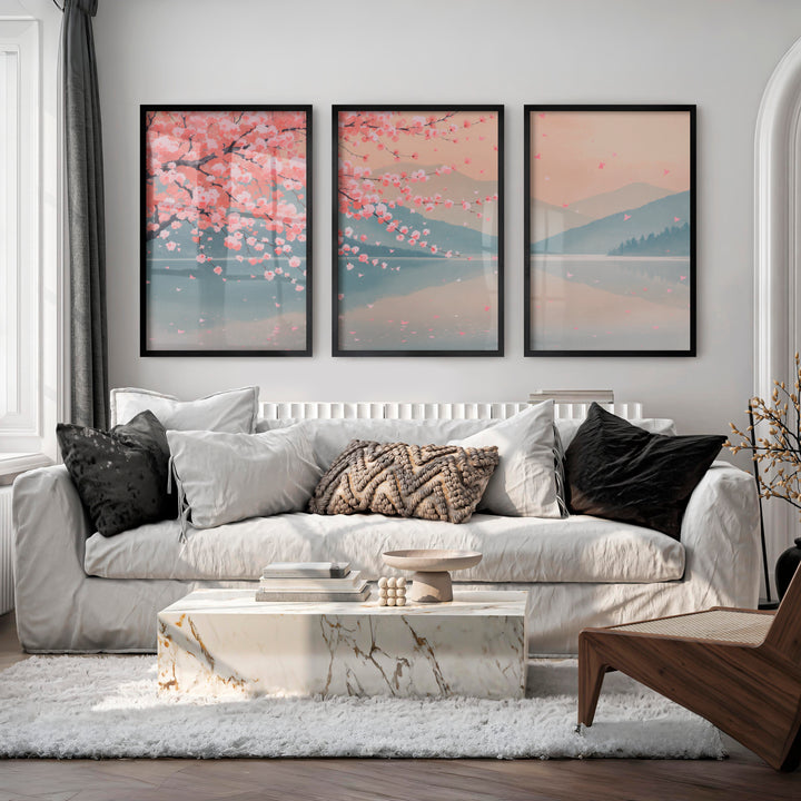 Cherry Blossom Lake japandi inspiration - Black Framed Poster No Border - Artworksets