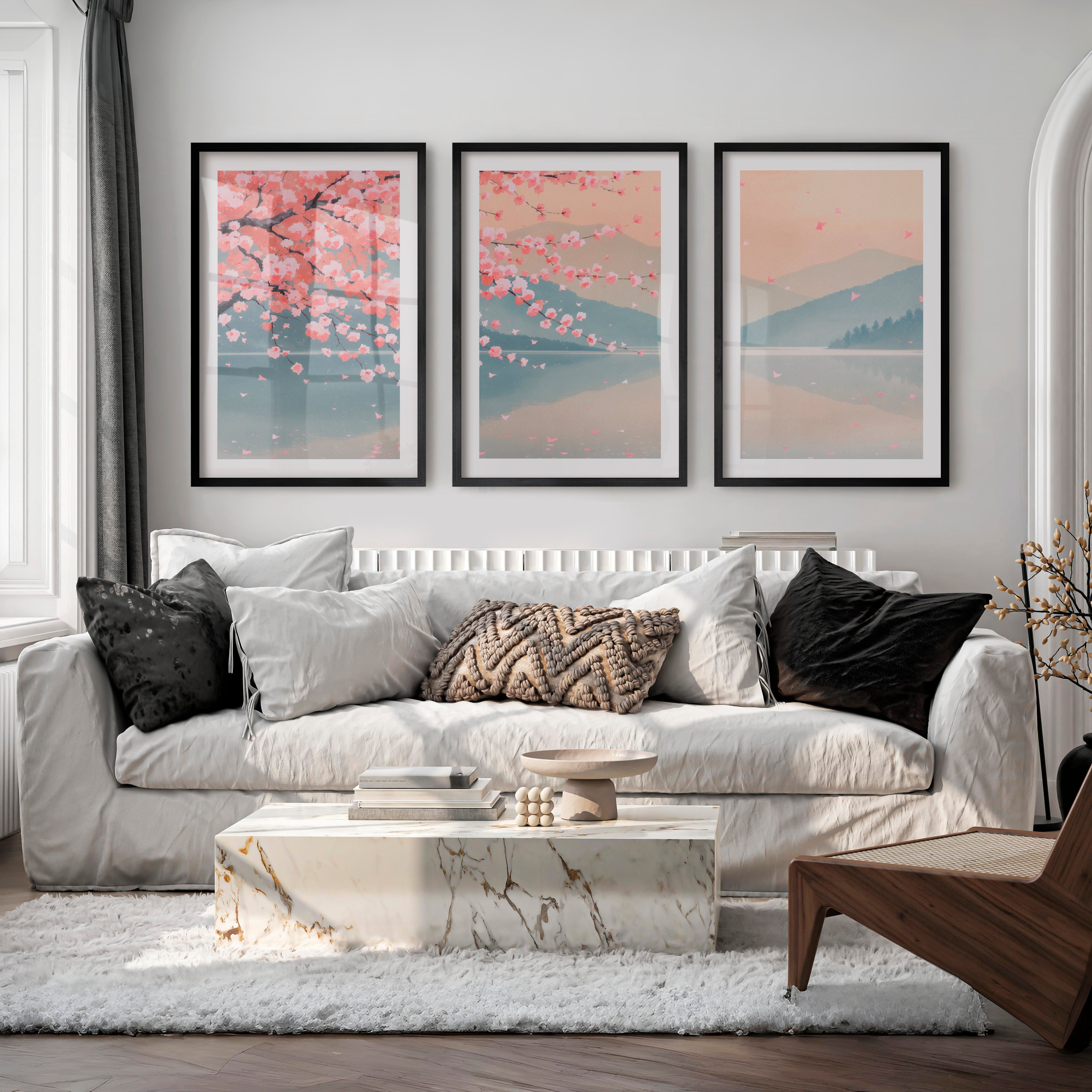 Cherry Blossom Lake japandi inspiration - Black Framed Poster with White Border - Artworksets