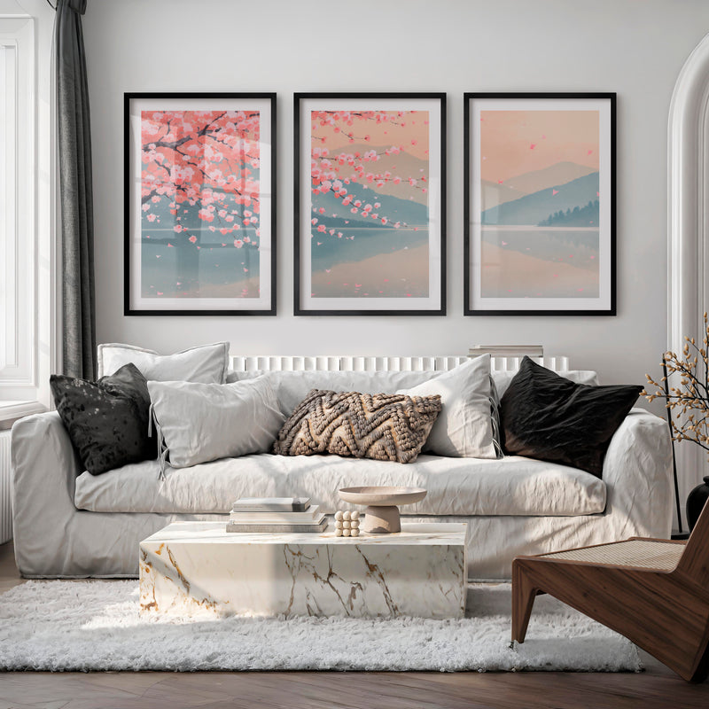 Cherry Blossom Lake japandi inspiration - Black Framed Poster with White Border - Artworksets