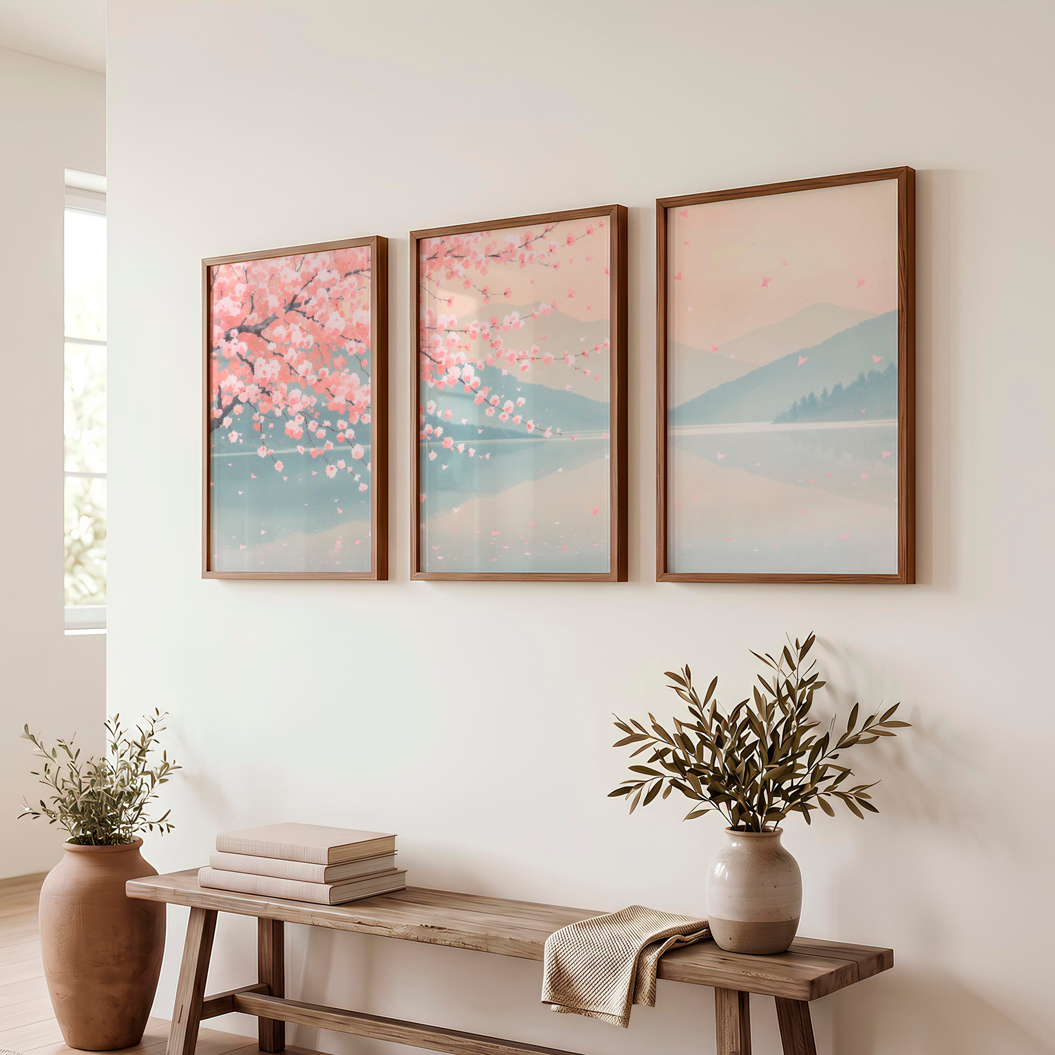 Cherry Blossom Lake japandi inspiration - Dark Brown Framed Poster No Border - Artworksets
