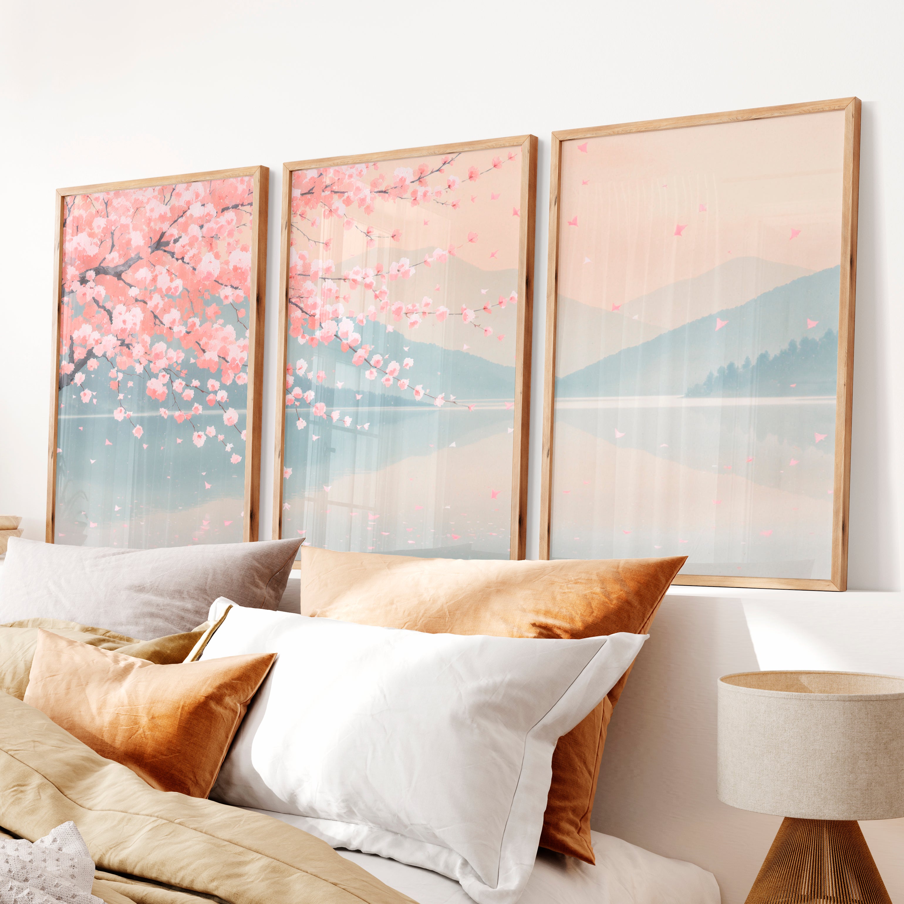 Cherry Blossom Lake japandi inspiration - Natural Wood Framed Poster No Border - Artworksets