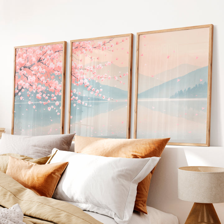 Cherry Blossom Lake japandi inspiration - Natural Wood Framed Poster No Border - Artworksets