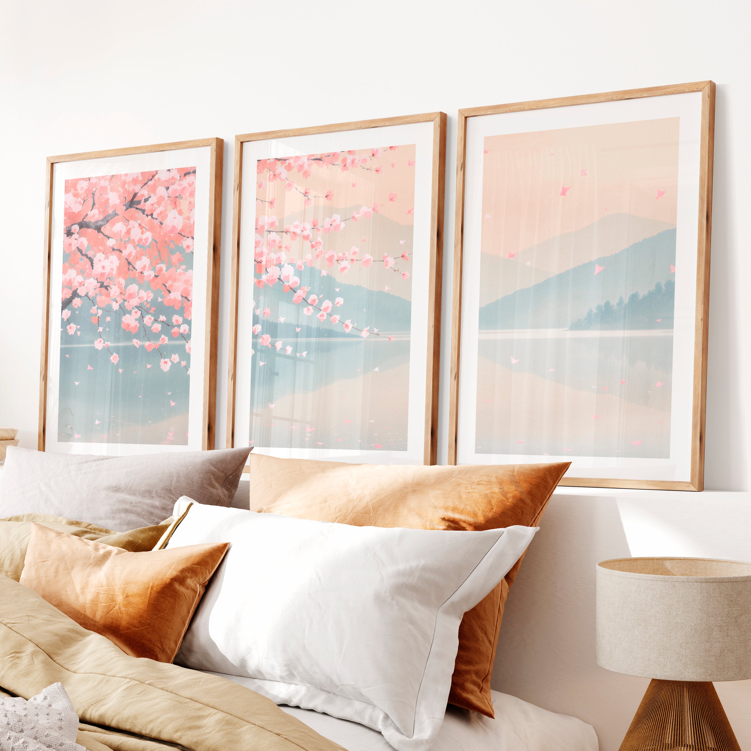 Cherry Blossom Lake japandi inspiration- Natural Wood Framed Poster with White Border - Artworksets