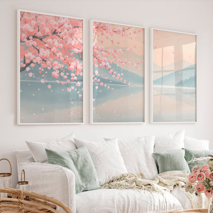 Cherry Blossom Lake japandi inspiration - White Framed Poster No Border - Artworksets