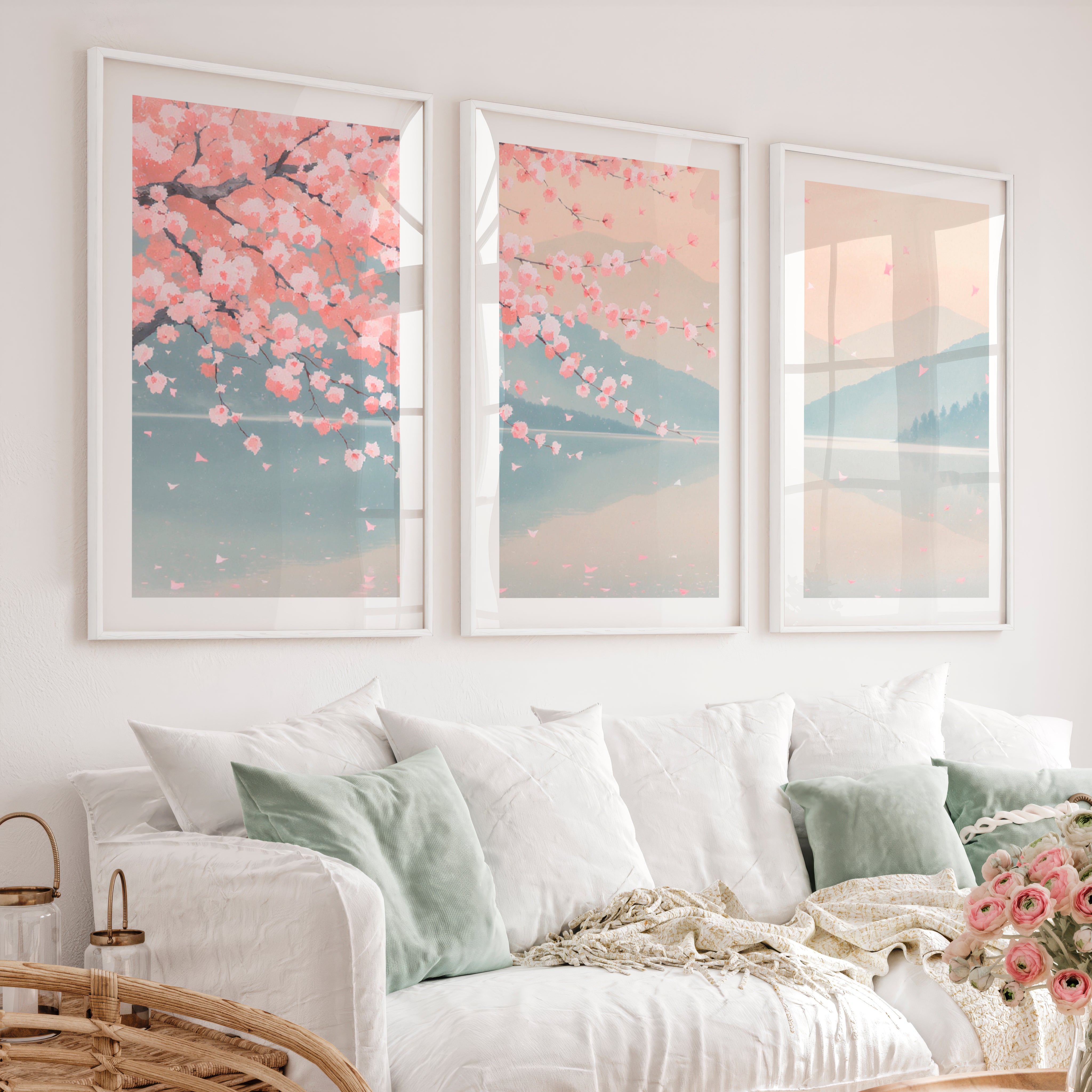 Cherry Blossom Lake japandi inspiration - White Framed Poster with White Border - Artworksets