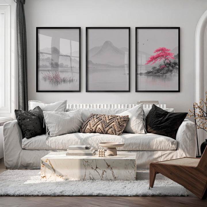 Cherry Blossom Lake Japandi Inspiration - Black Framed Poster No Border - Artworksets