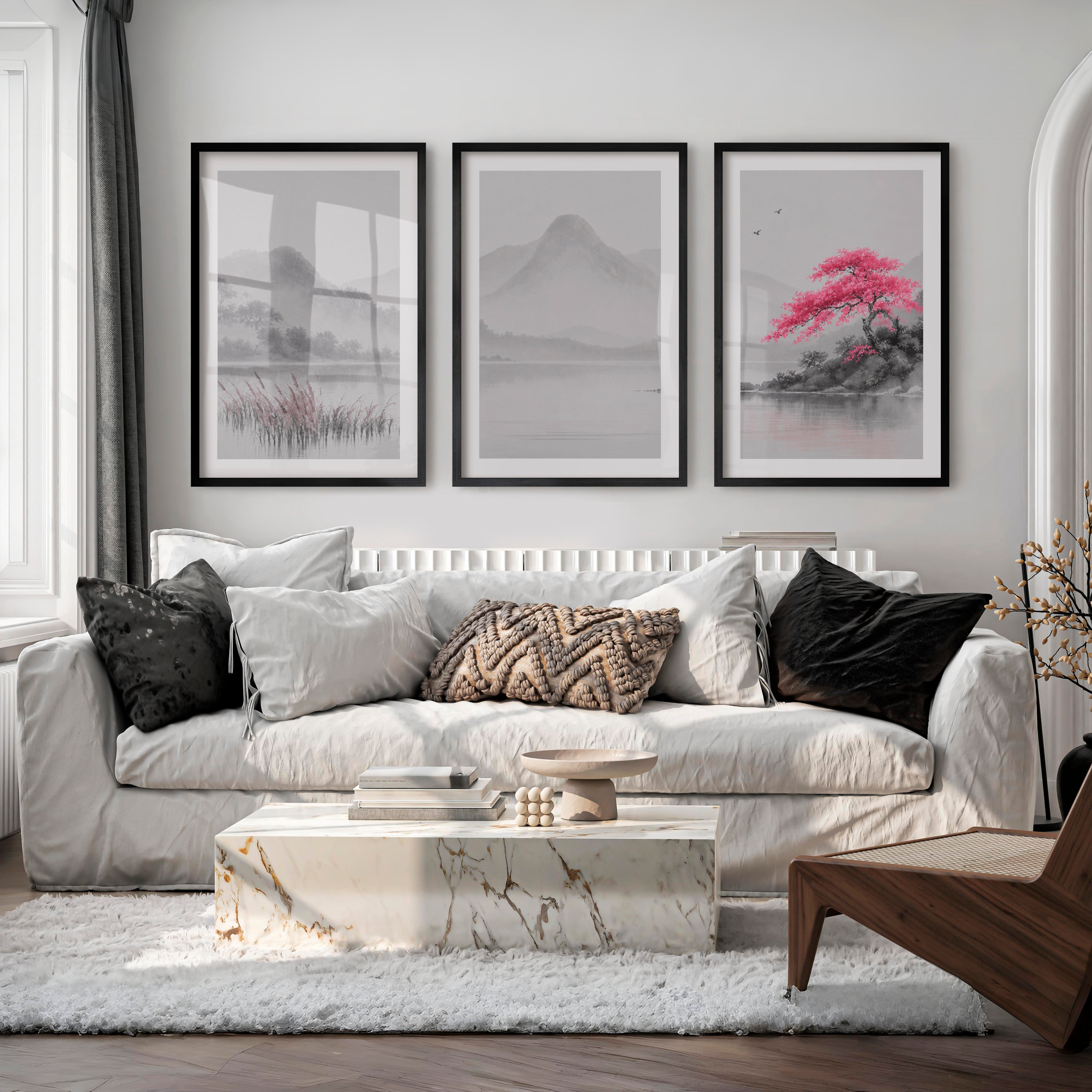 Cherry Blossom Lake Japandi Inspiration - Black Framed Poster with White Border - Artworksets
