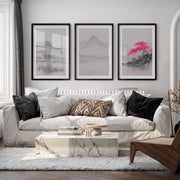 Cherry Blossom Lake Japandi Inspiration - Black Framed Poster with White Border - Artworksets