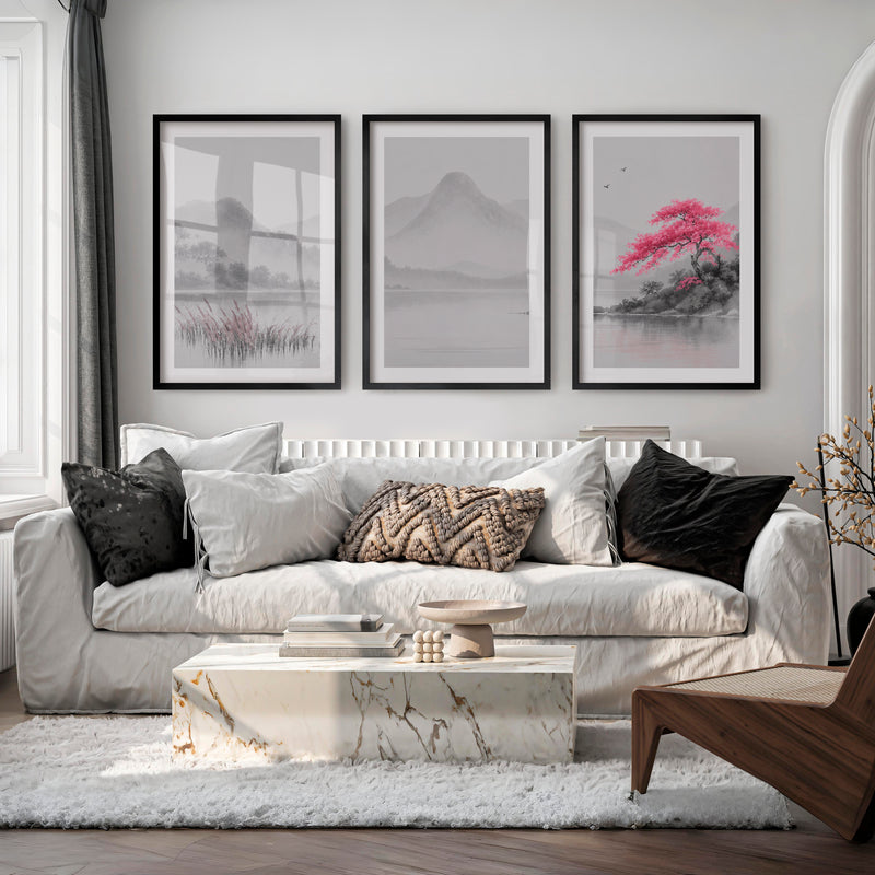 Cherry Blossom Lake Japandi Inspiration - Black Framed Poster with White Border - Artworksets
