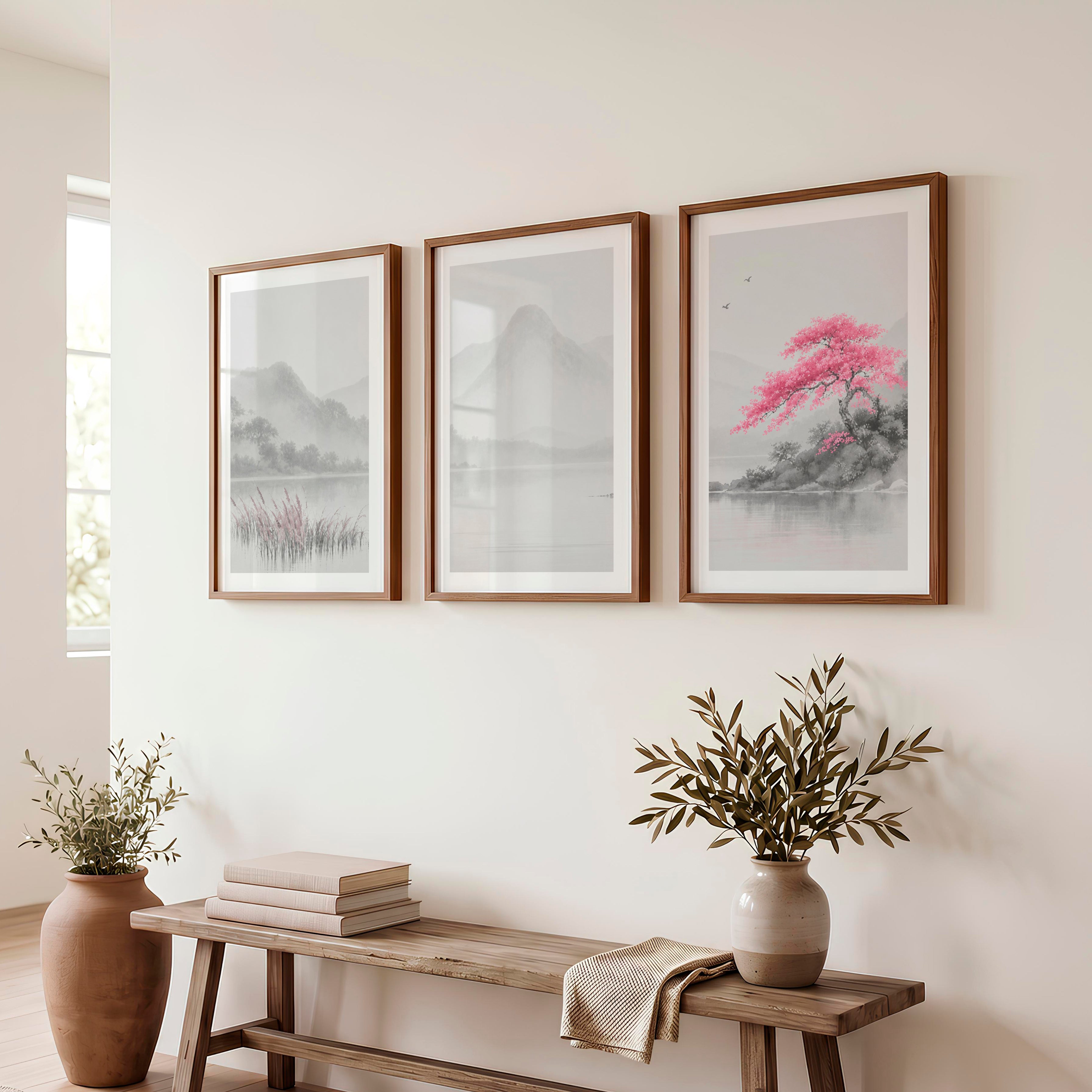 Cherry Blossom Lake Japandi Inspiration - Dark Brown Framed Poster with White Border - Artworksets
