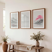 Cherry Blossom Lake Japandi Inspiration - Dark Brown Framed Poster with White Border - Artworksets