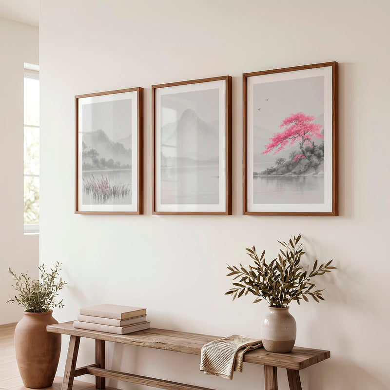 Cherry Blossom Lake Japandi Inspiration - Dark Brown Framed Poster with White Border - Artworksets