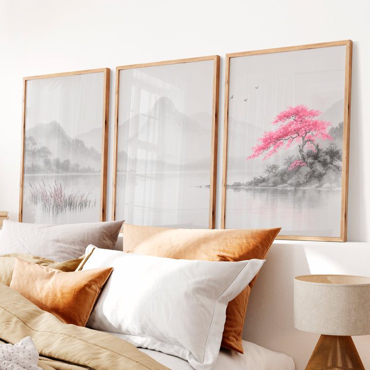 Cherry Blossom Lake Japandi Inspiration - Natural Wood Framed Poster No Border - Artworksets