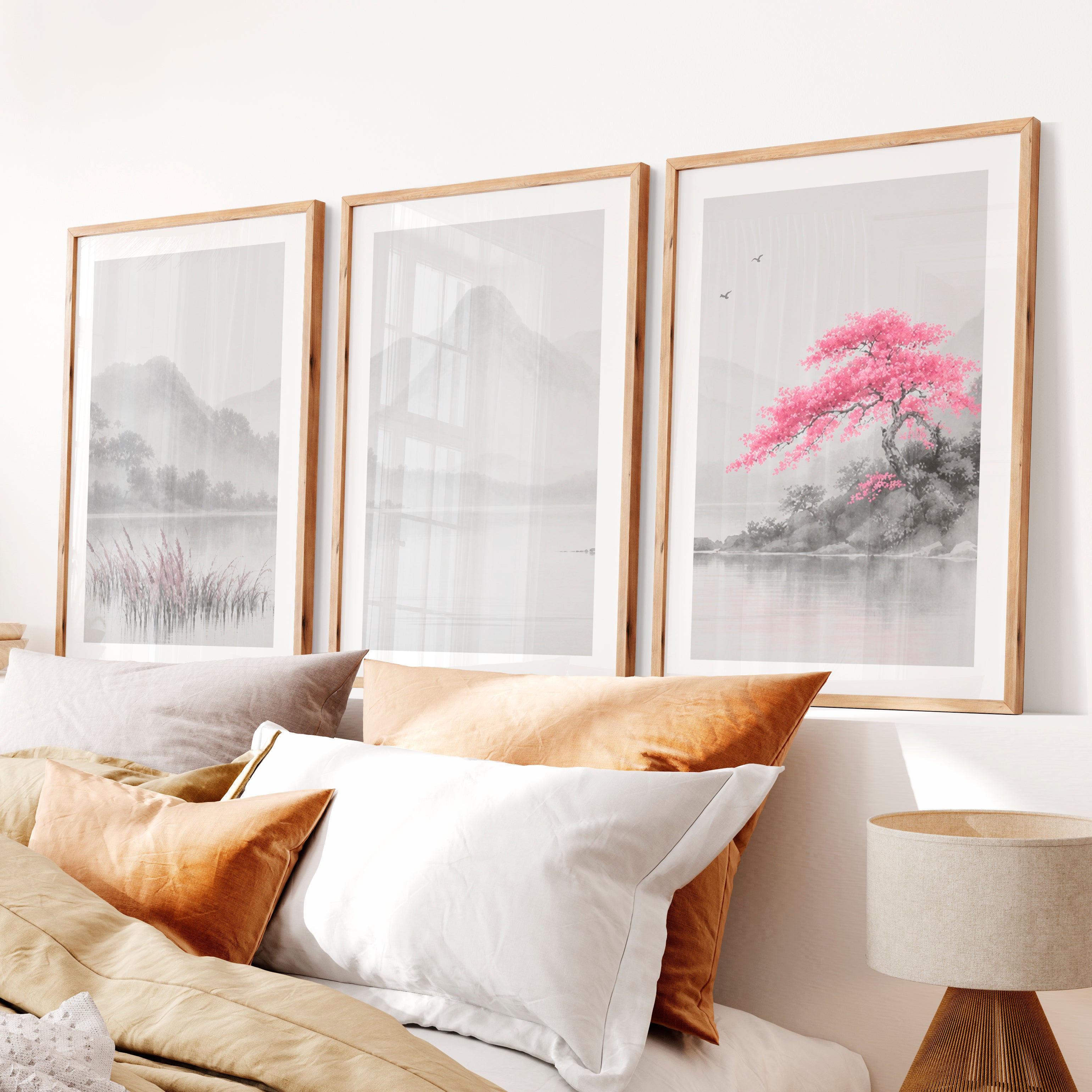 Cherry Blossom Lake Japandi Inspiration- Natural Wood Framed Poster with White Border - Artworksets