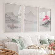 Cherry Blossom Lake Japandi Inspiration - White Framed Poster No Border - Artworksets