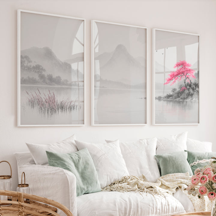 Cherry Blossom Lake Japandi Inspiration - White Framed Poster No Border - Artworksets